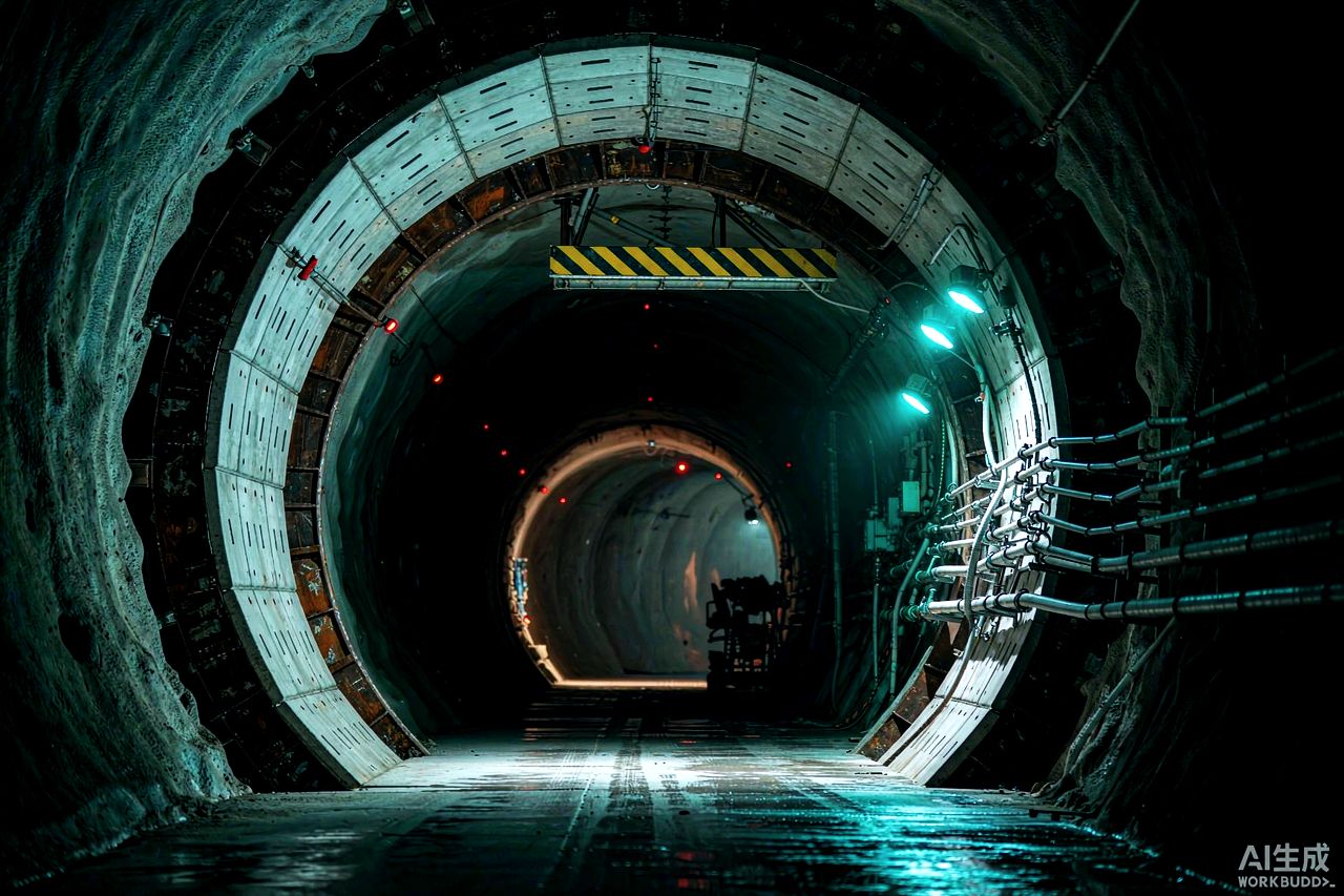 Finished hard-rock tunnel with concrete segment rings and hazard gantry