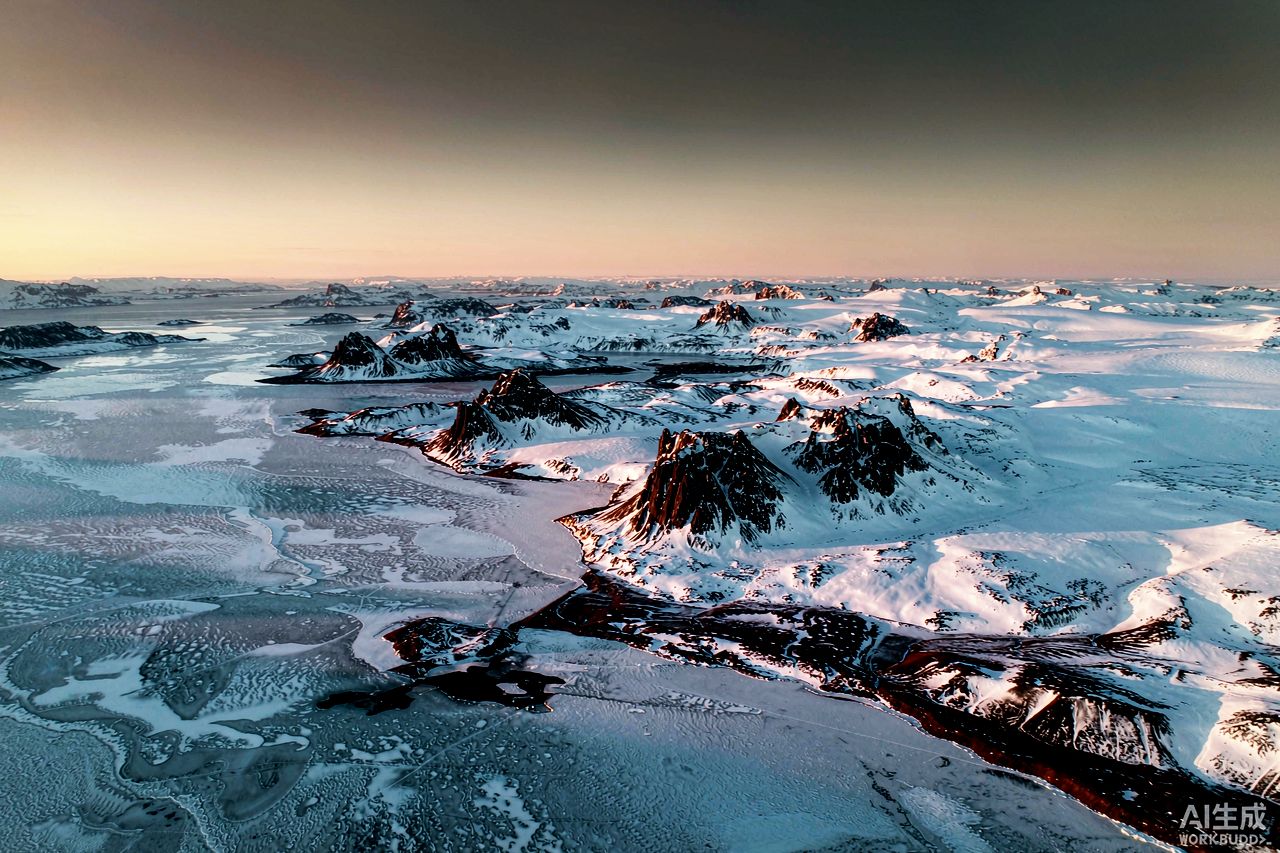 Aerial survey of a snow-covered Svalbard valley with a frozen fjord